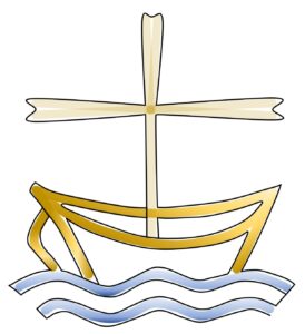 Schiff mit Kreuz und Wellen: als Symbol für die ökumenische Bewegung. In stürmischen Zeiten sitzen wir gemeinsam in einem Boot.