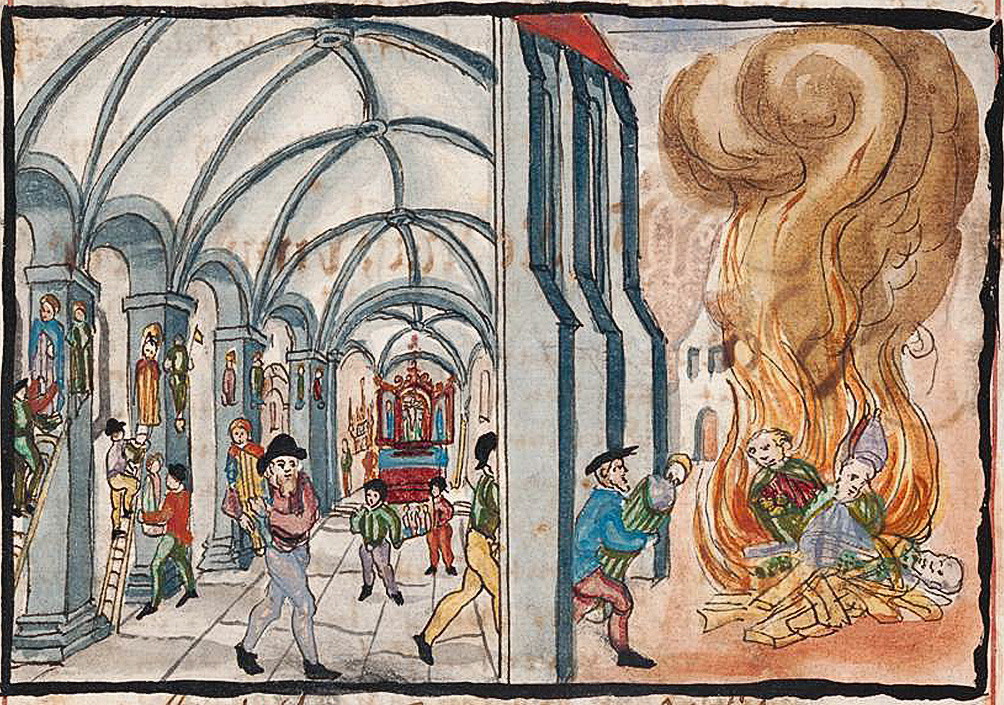 Bildersturm in Zürich 1524: Knechte verbrennen das katholische Kircheninventar (Altäre, Kanzeln und Heiligenbilder). 
